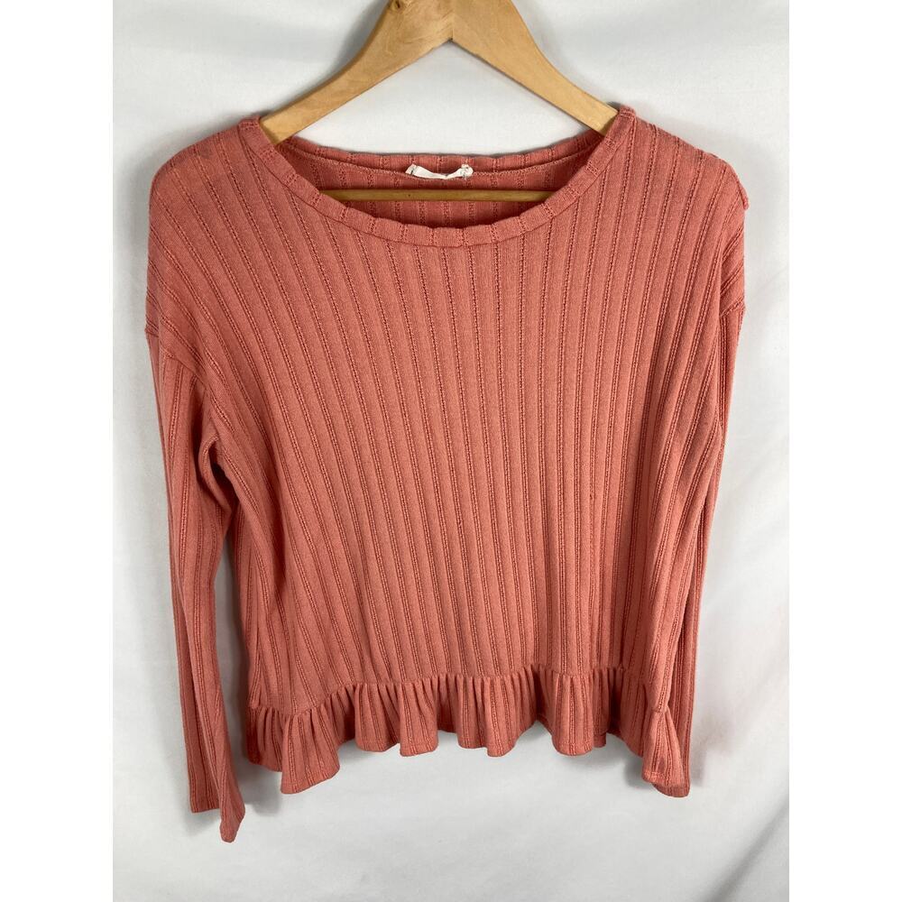 Lush Ribbed Knit Ruffle Back Long Sleeve Top Peach Size Large